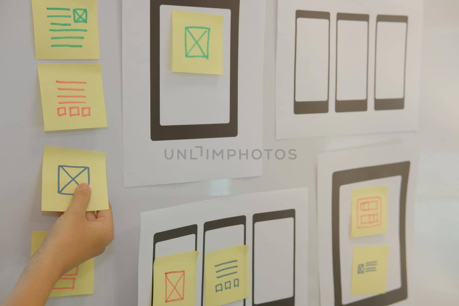 user experience, UX designer designing web on smart phone tablet layout. UI planning mobile application. developer work with business prototype