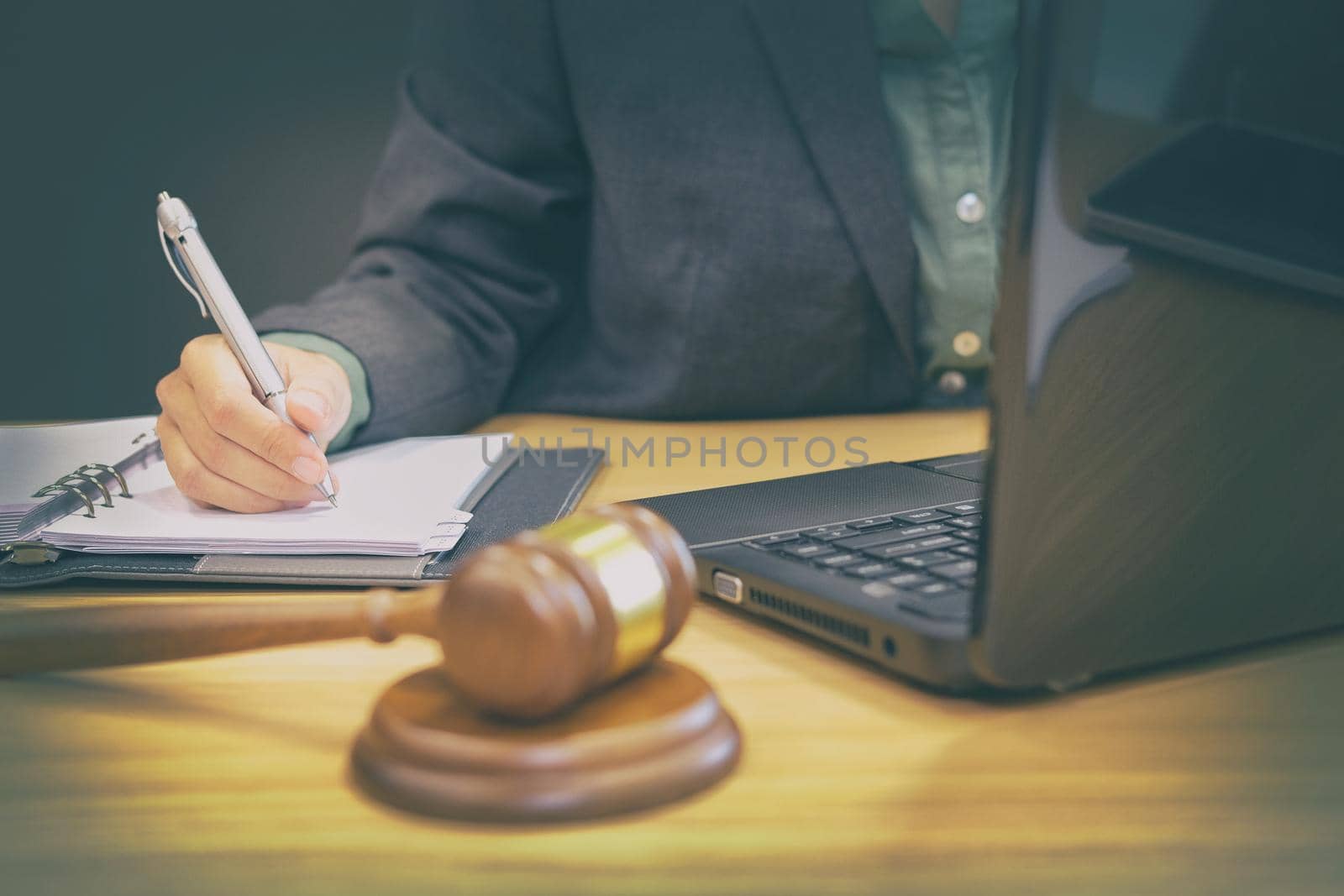 lawyer judge attorney justice working writing note at court. legal law gavel at courtroom.