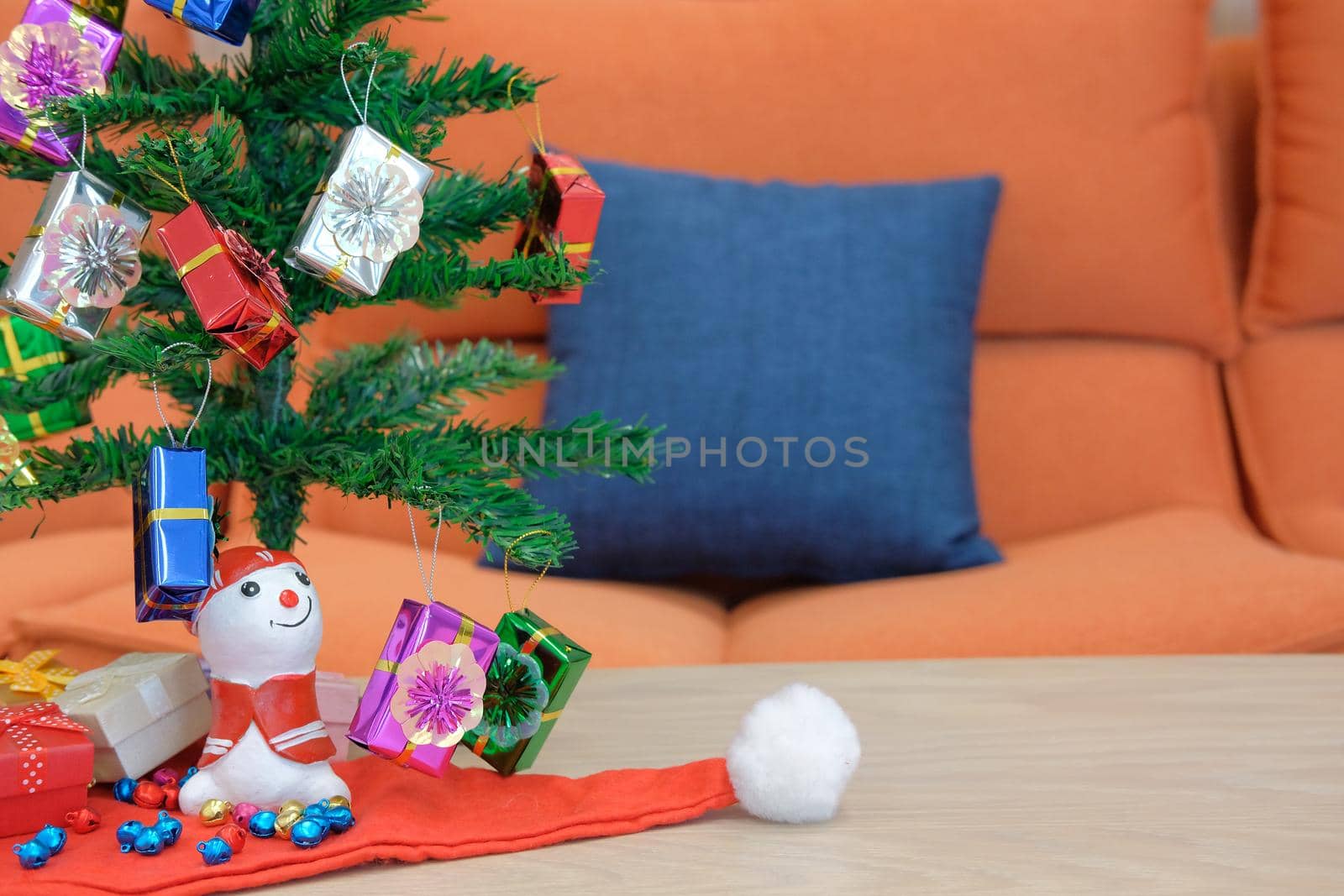 present boxes and decorated christmas tree. gift box for xmas party. holiday celebration in december