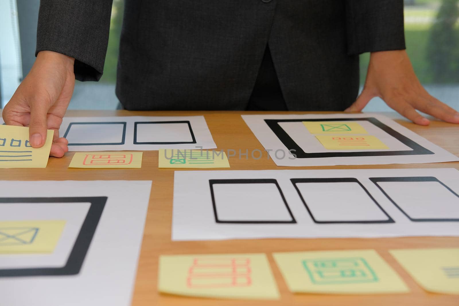 user experience, UX designer designing web on smart phone tablet layout. UI planning mobile application. developer work with business prototype
