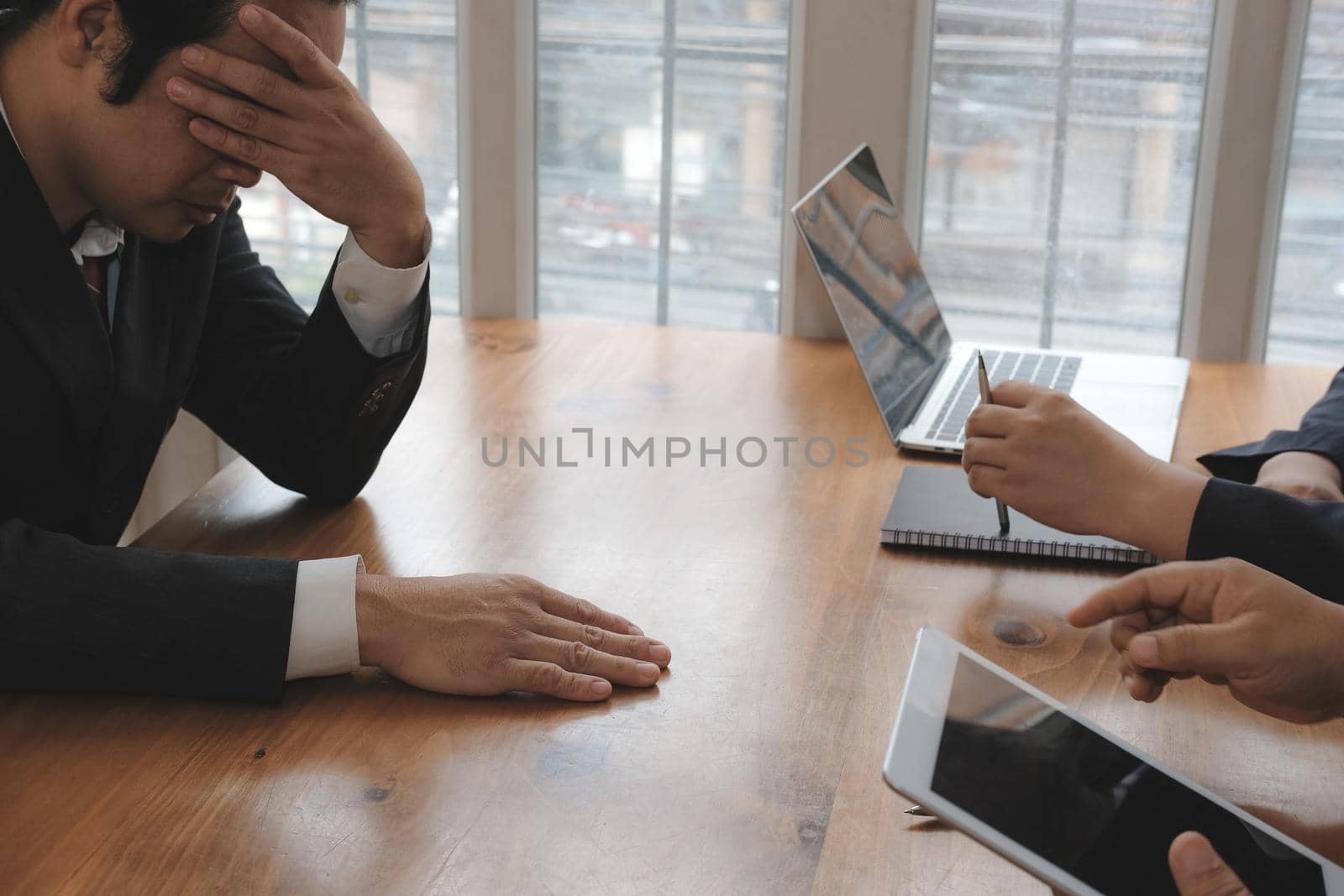 furious boss scolding frustrated man at office. irritated businessman blaming upset intern for failure at workplace. stressful work