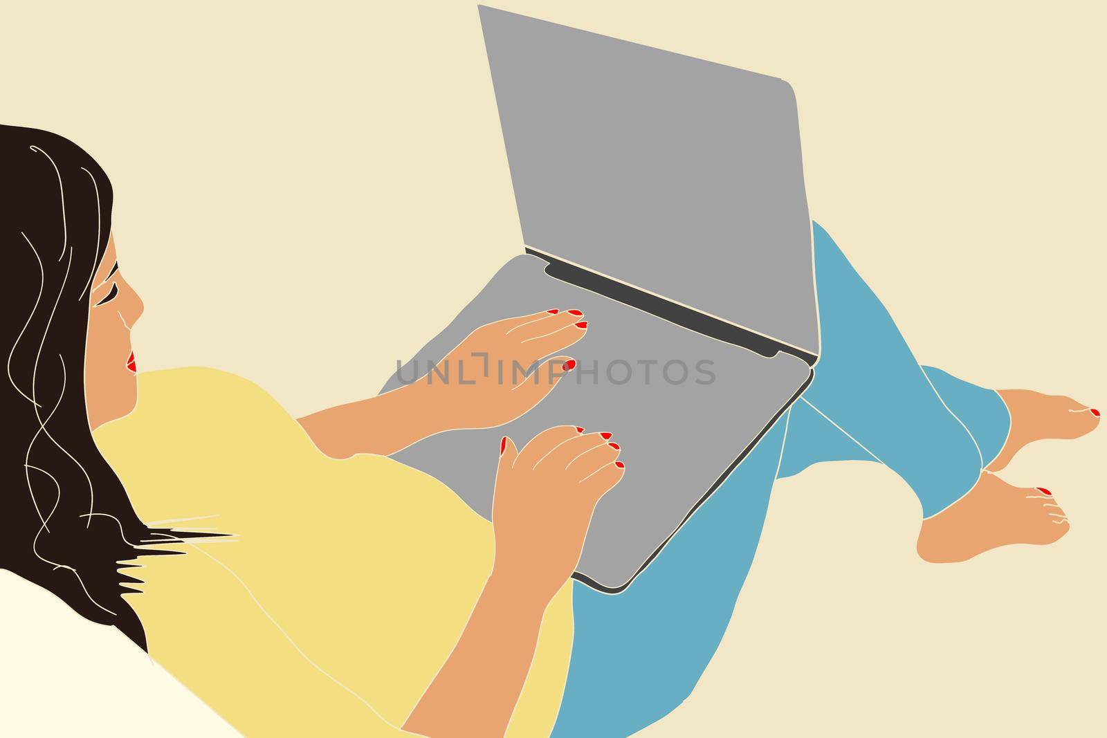 girl with laptop. Freelance or studying concept. Cute illustration in flat style