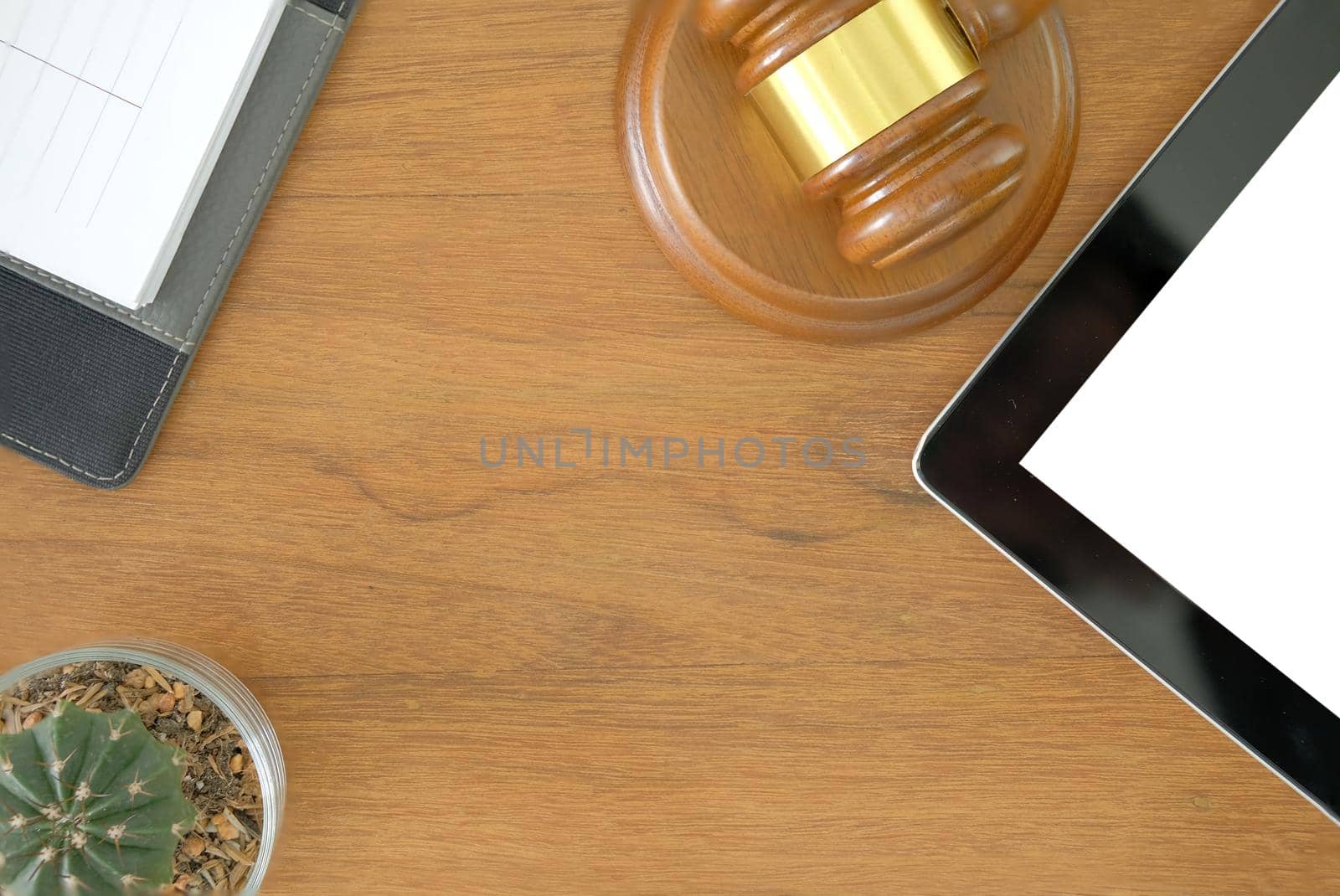 legal law judge gavel & tablet notebook at courtroom. lawyer attorney justice workplace. succulent cactus plant in pot.