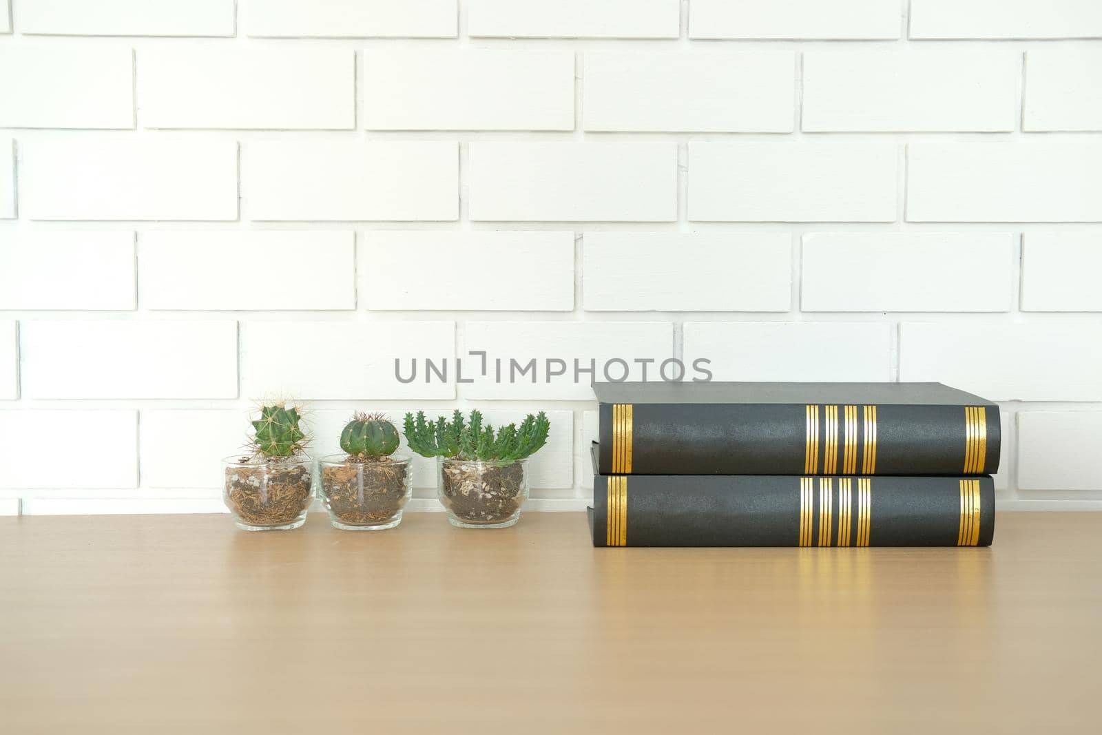book on wooden desk near white brick wall. office workplace top view by pp99