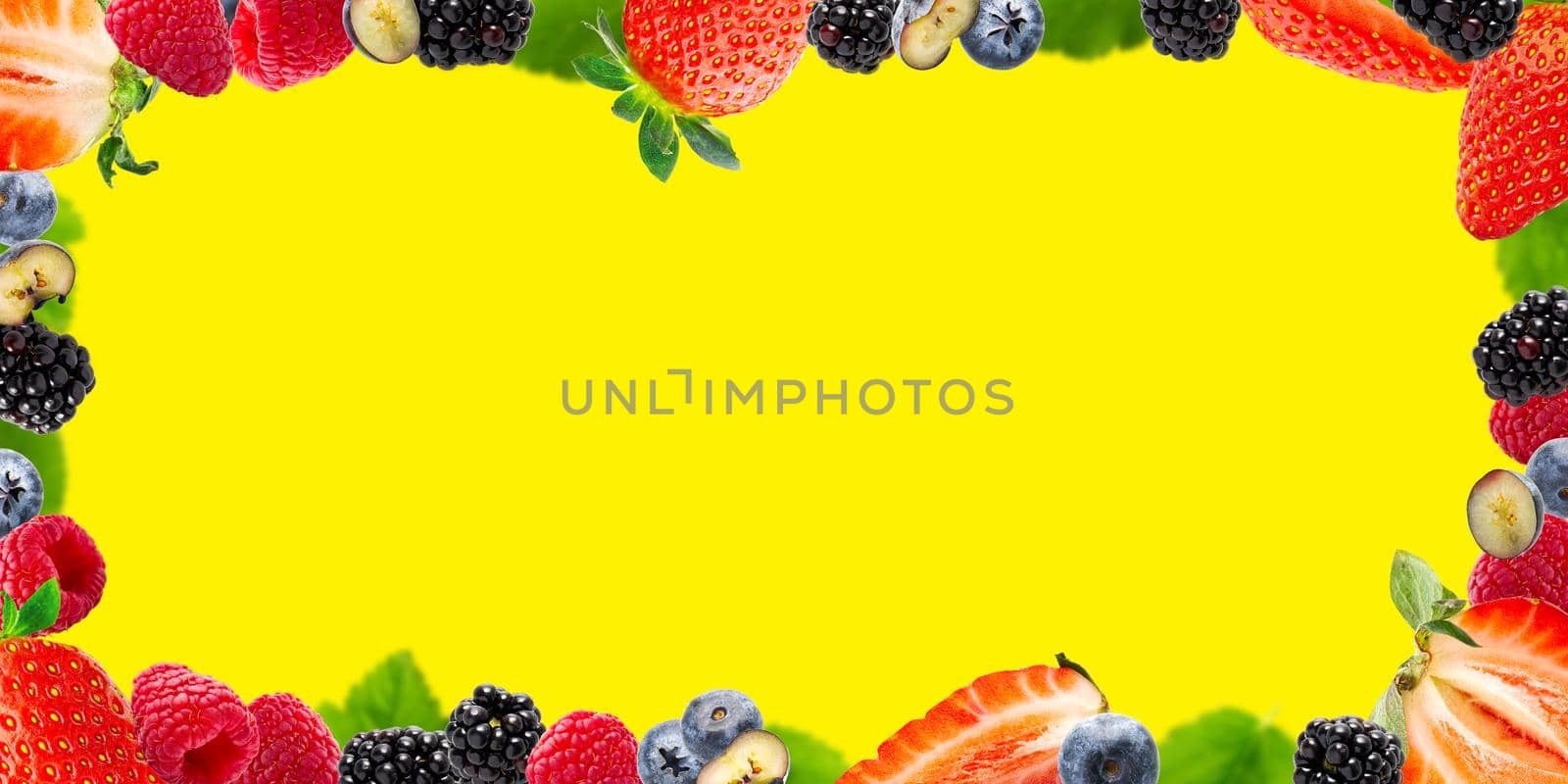 Berries Frame on white Background. Strawberry, Blueberry, Raspberries, and Blackberry. by PhotoTime