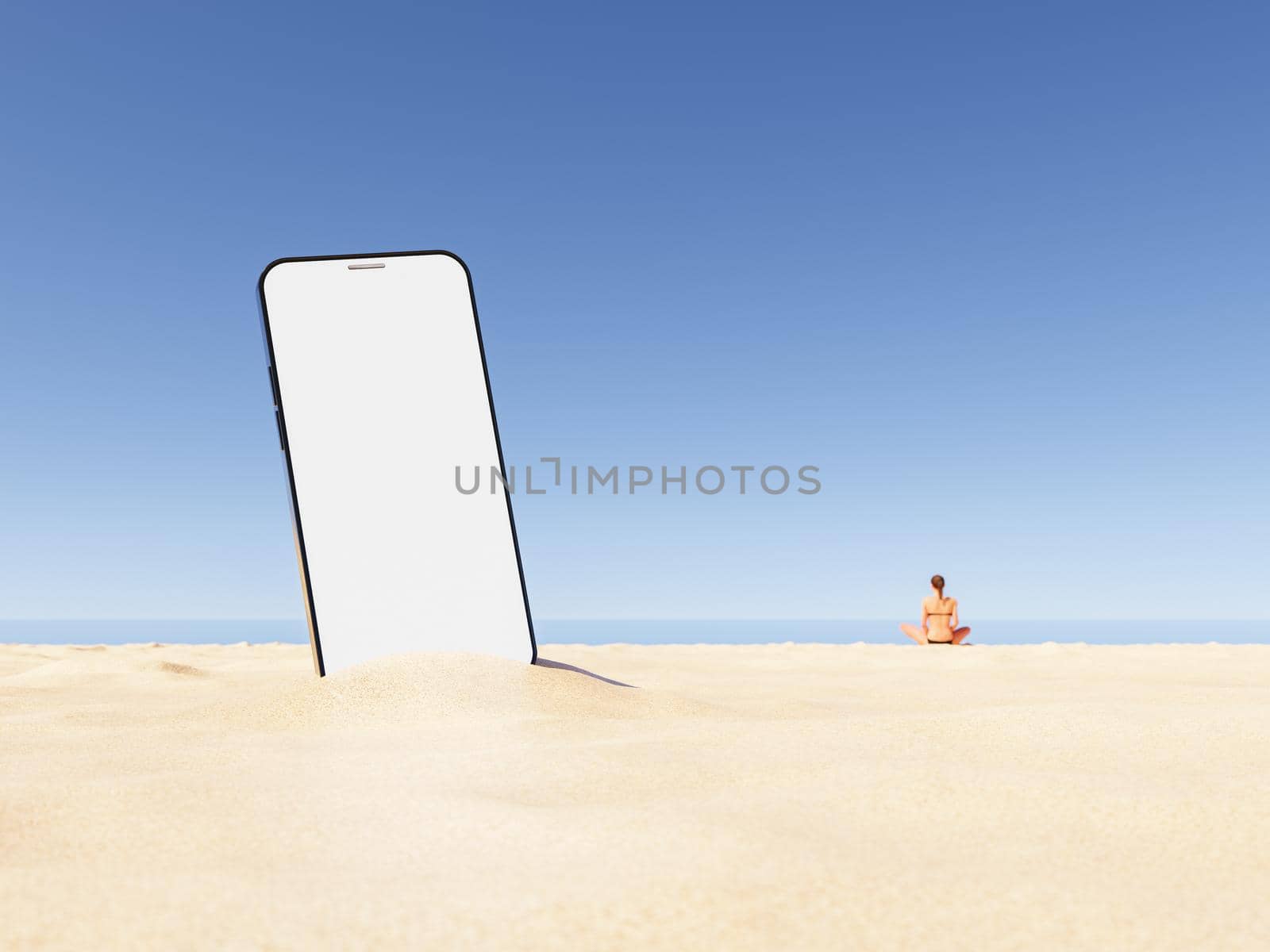 smartphone with empty screen on sandy beach near anonymous lady by asolano