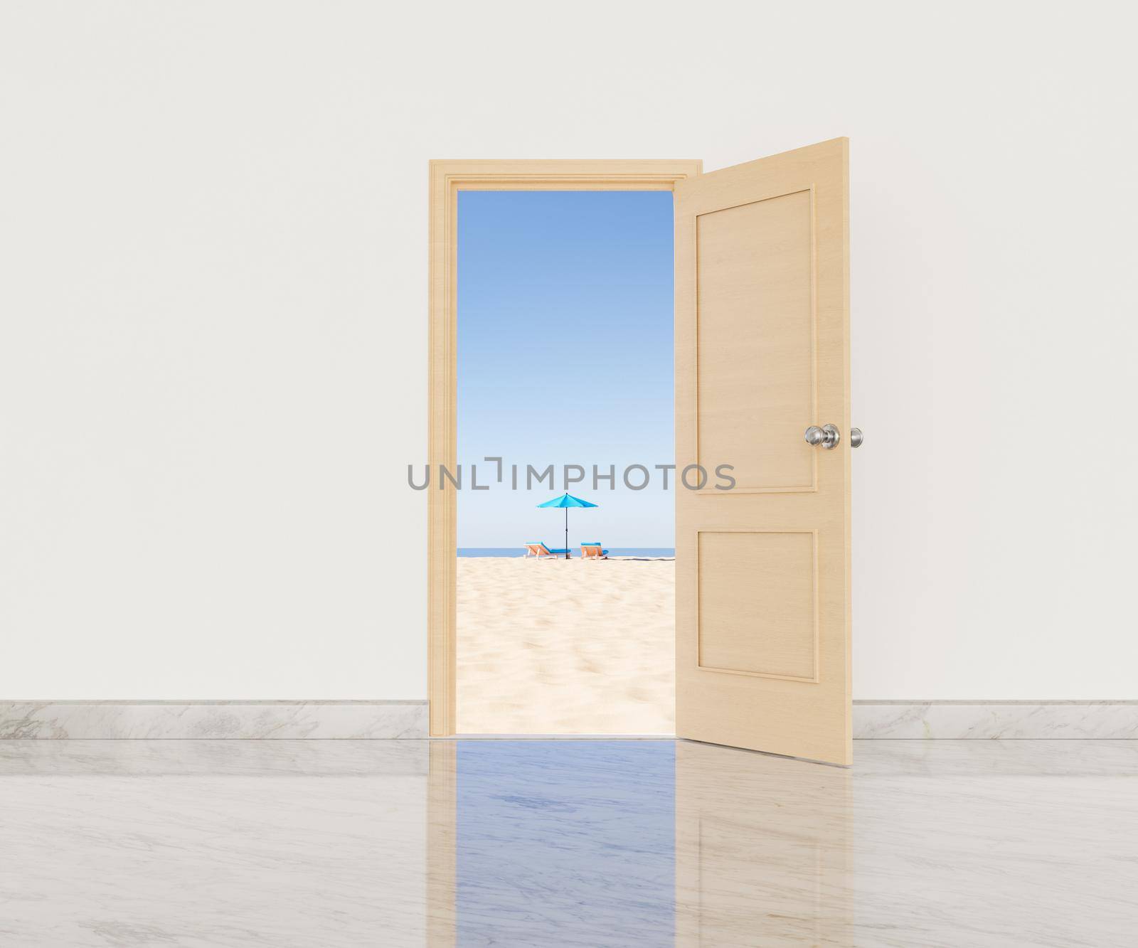 3D rendering of opened door of modern house with white walls leading to sandy seashore with sunbeds and umbrella against cloudless blue sky