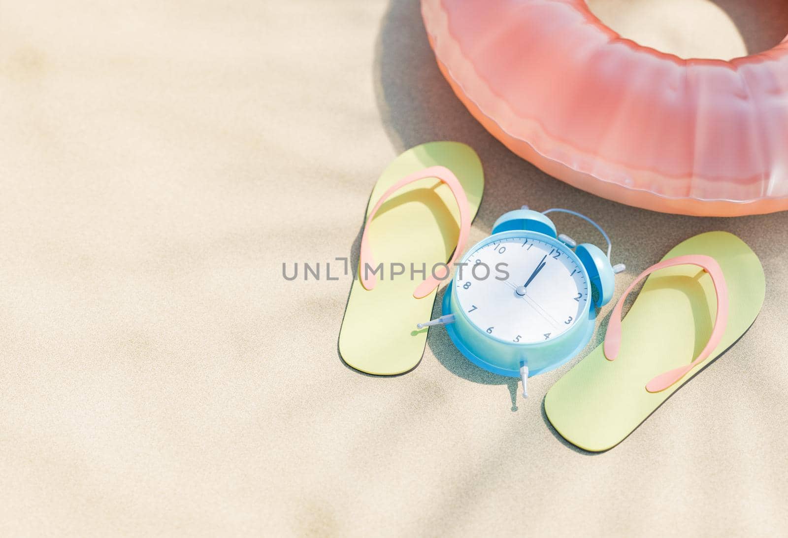 From above 3D rendering of flip flops and inflatable swim tube with alarm clock placed on sandy beach on sunny summer day