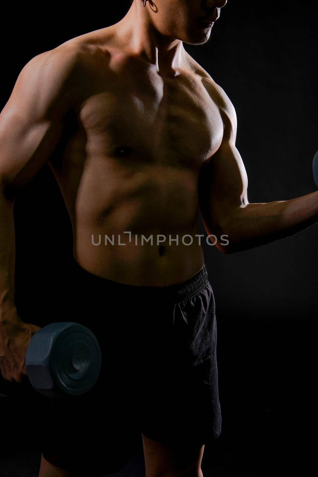 portrait of athletic muscular bodybuilder man with naked torso six pack abs working out with dumbbell. fitness sport exercise concept