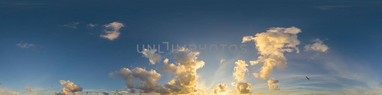 Dramatic sunset sky panorama with Cumulus clouds. Seamless hdr 360 pano in spherical equirectangular format. Complete zenith for 3D visualization, game and sky replacement for aerial drone panoramas by Matiunina