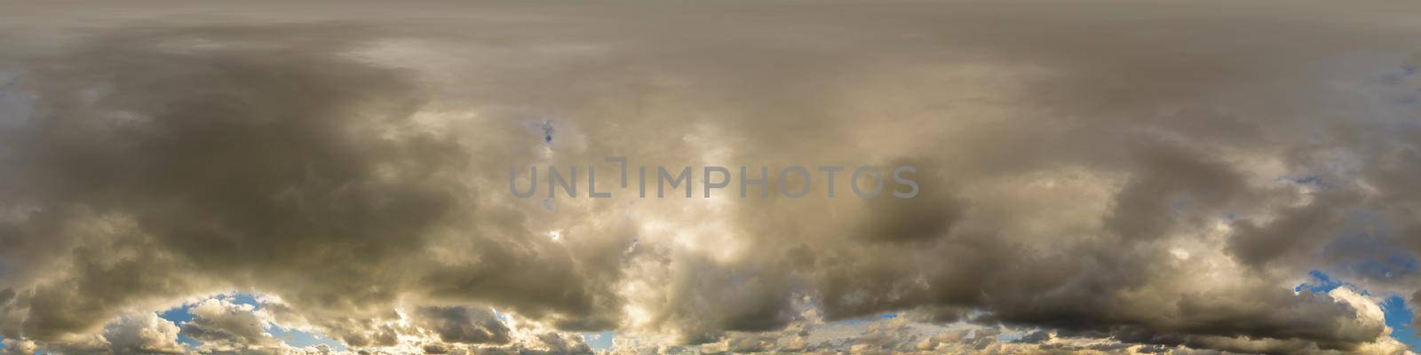 Overcast sky panorama on rainy day with Nimbostratus clouds in seamless spherical equirectangular format. Full zenith for use in 3D graphics, game and for aerial drone 360 degree panorama as sky dome. by Matiunina