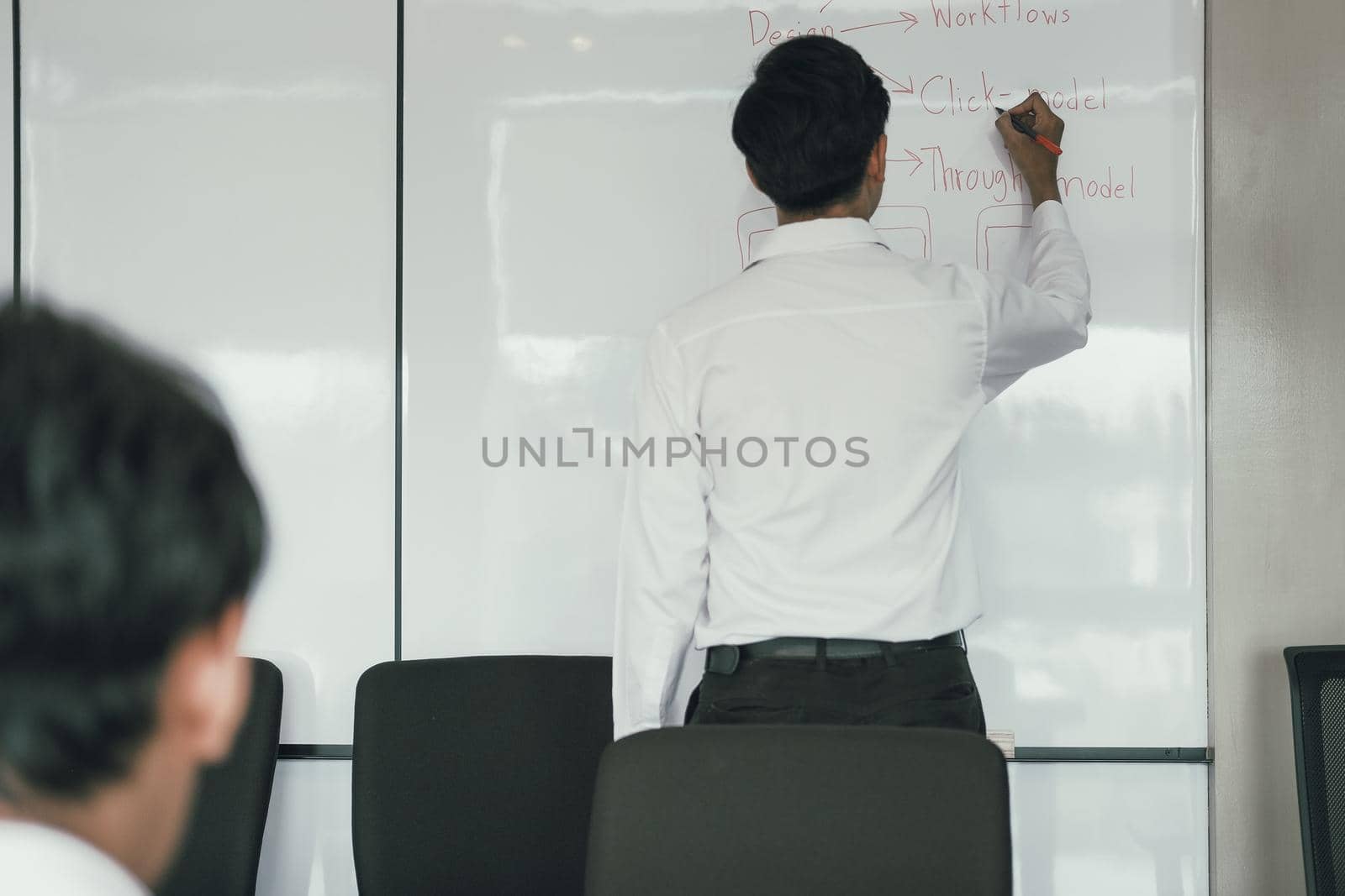 user experience UX designer designing web on smart phone layout. UI planning mobile application. developer work with business prototype