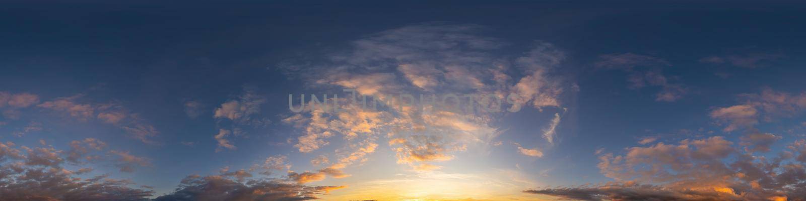 Dark blue twilight sky panorama with Cumulus clouds. Seamless hdr 360 panorama in spherical equiangular format. Full zenith or sky dome for 3D visualization, sky replacement for aerial drone panoramas