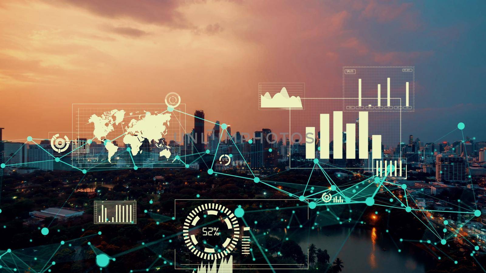 Business data analytic interface fly over smart city showing alteration future of business intelligence. Computer software and artificial intelligence are used to analyze big data for strategic plan .