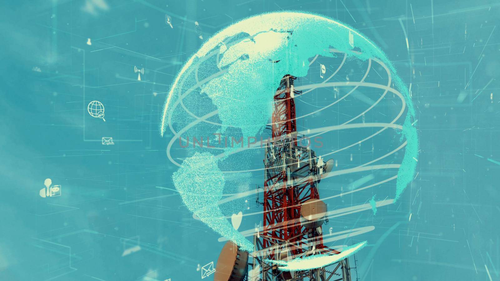Telecommunication tower with 3D graphic of global business alteration by biancoblue