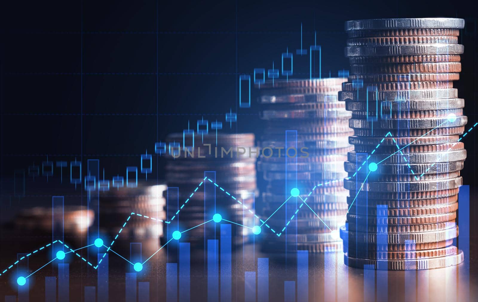 Finance and money technology background concept of business prosperity and asset management . Creative graphic show economy and financial growth by investment in valuable asset to gain wealth profit .