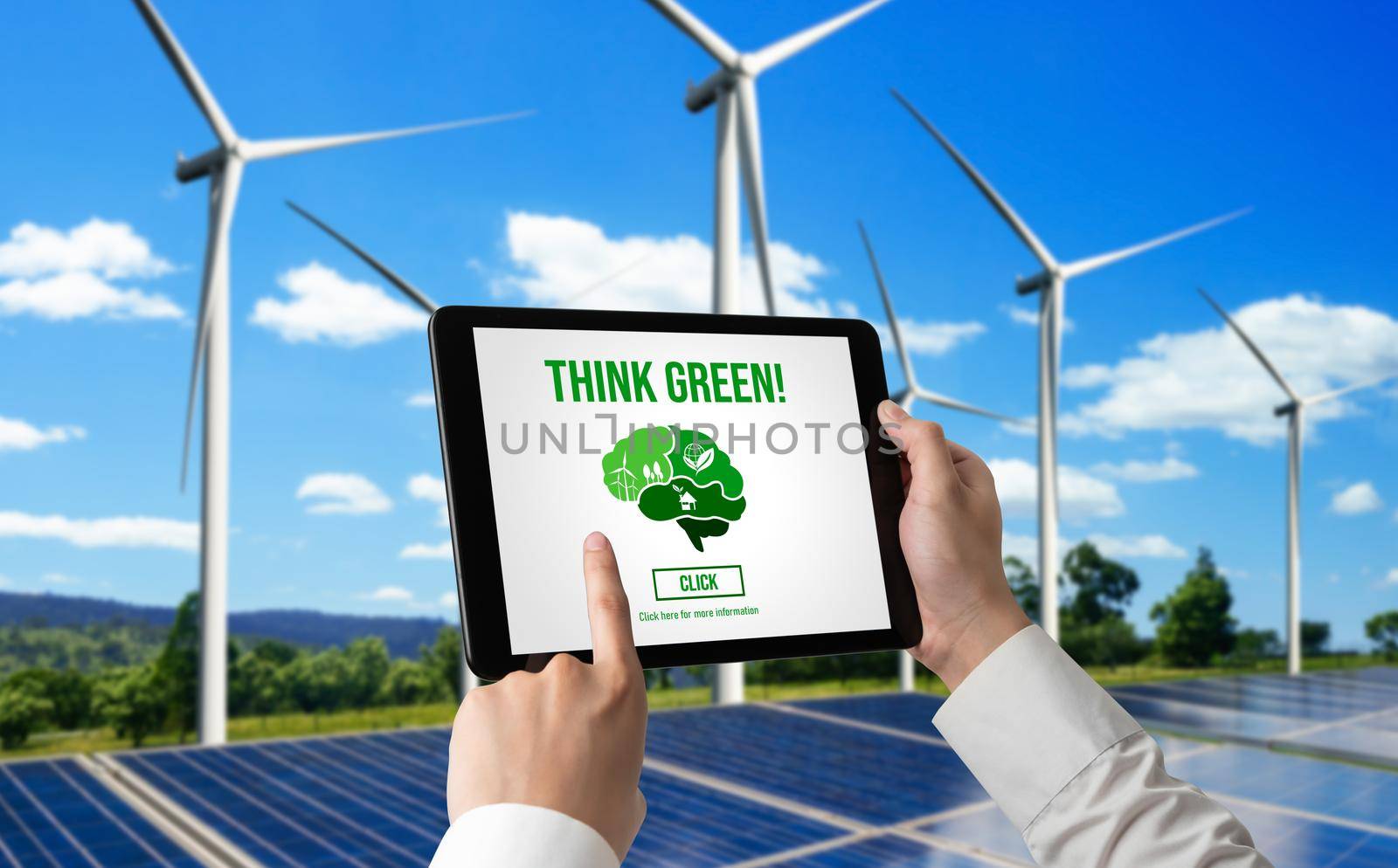 Green business transformation for environment saving and ESG business concept. Businessman using tablet to set corporate goal toward environmental friendly management and alternative clean energy use.