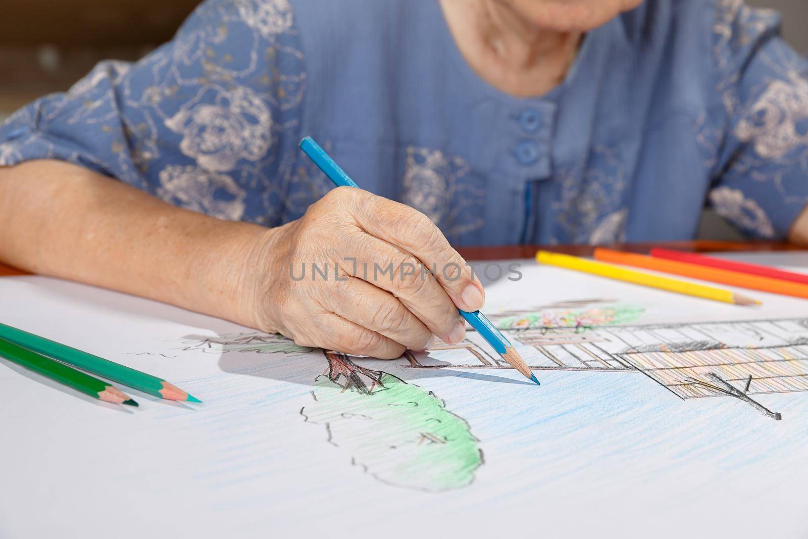 Elderly woman painting color on her drawing with daughter , hobby at home