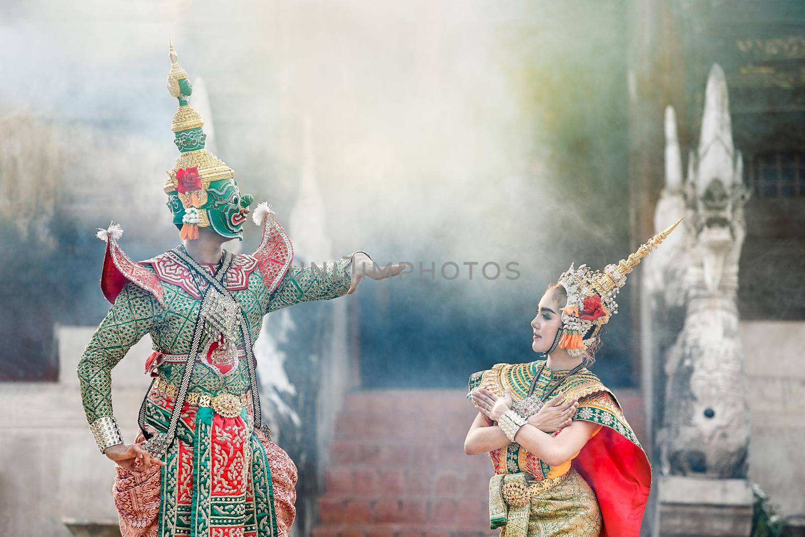 Tosakan (Ravana) and Mandodari , Thai classical mask dance of the Ramayana Epic