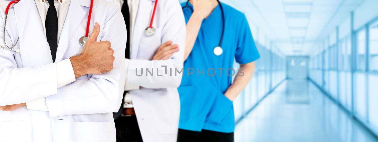 Healthcare people group. Professional doctor working in hospital office or clinic with other doctors, nurse and surgeon. Medical technology research institute and doctor staff service concept.