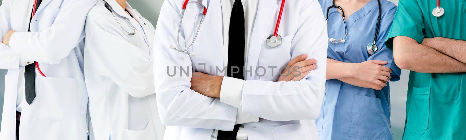 Healthcare people group. Professional doctor working in hospital office or clinic with other doctors, nurse and surgeon. Medical technology research institute and doctor staff service concept.