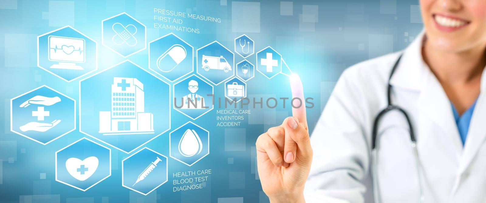 Doctor with Medical Healthcare Graphic in Hospital by biancoblue