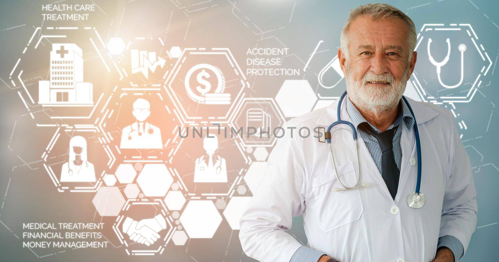 Health Insurance Concept - Doctor in hospital with health insurance related icon graphic interface showing healthcare people, money planning, risk management, medical treatment and coverage benefit.