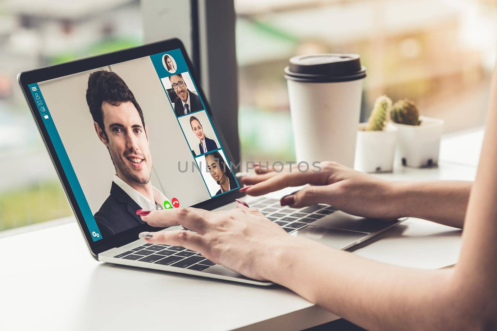 Video call business people meeting on virtual workplace or remote office by biancoblue