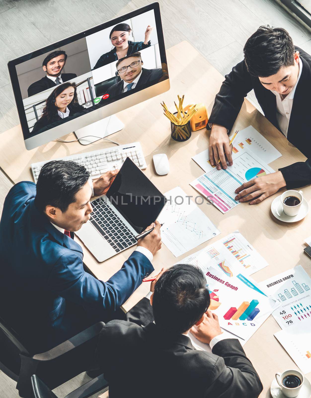 Video call group business people meeting on virtual workplace or remote office by biancoblue