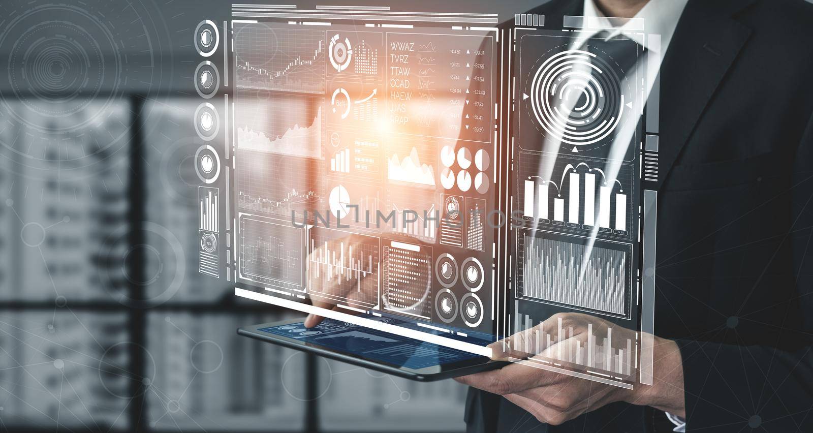 Data Analysis for Business and Finance Concept. Graphic interface showing future computer technology of profit analytic, online marketing research and information report for digital business strategy.