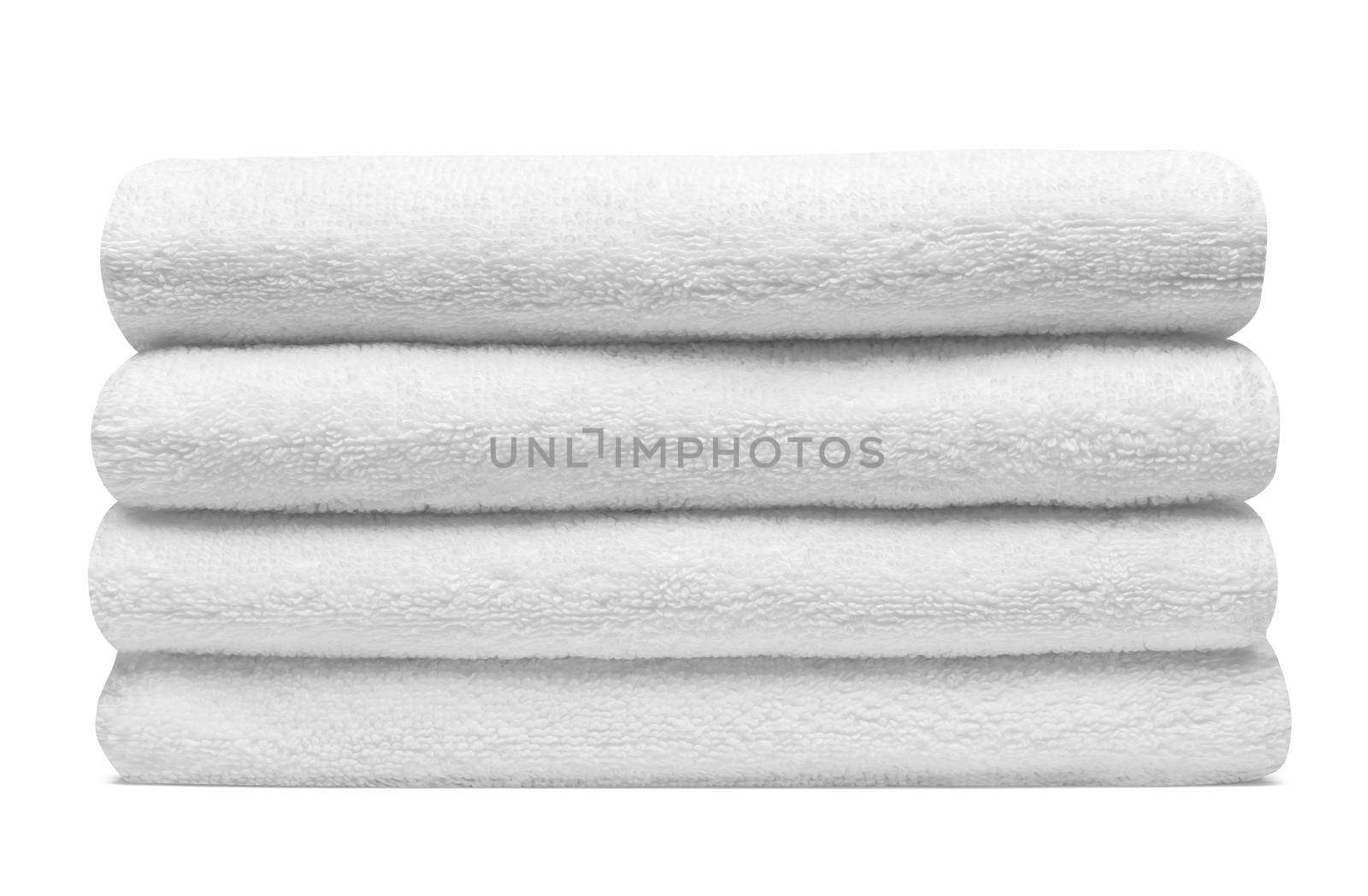 close up of a stack of white towels bathroom on white background