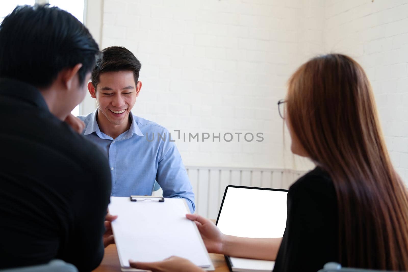 human resource manager interviewing candidate for job vacancy. applicant explaining profile for career recruitment