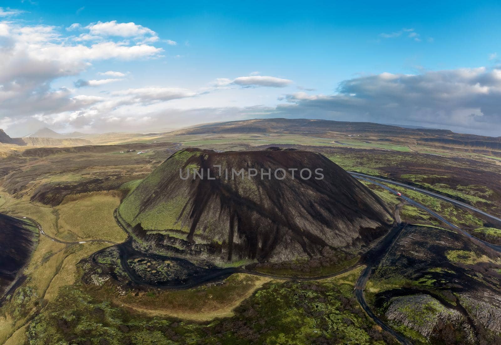 Top view of volcanic crater and Iceland landscape with text space