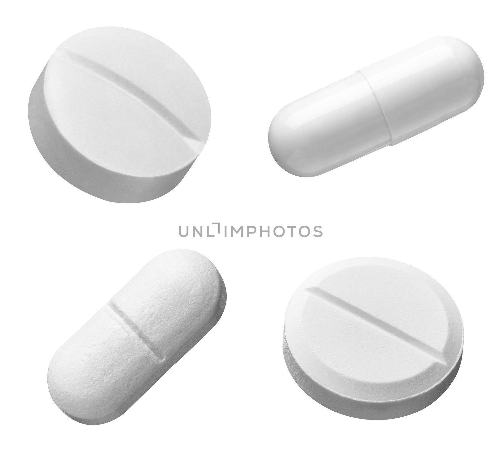 collection of various white pilsl on white background