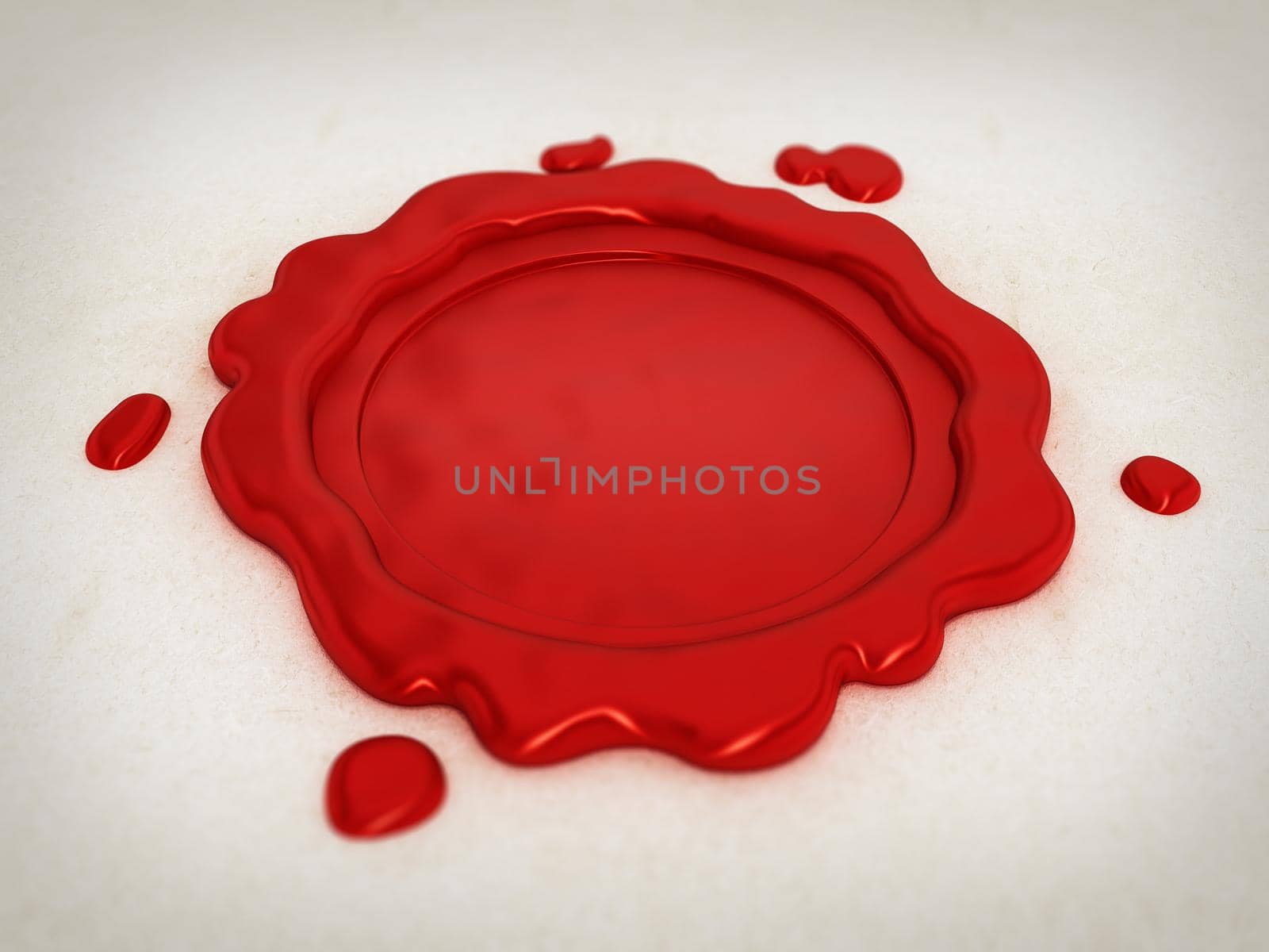 Red wax stamp isolated on white background. 3D illustration by Simsek