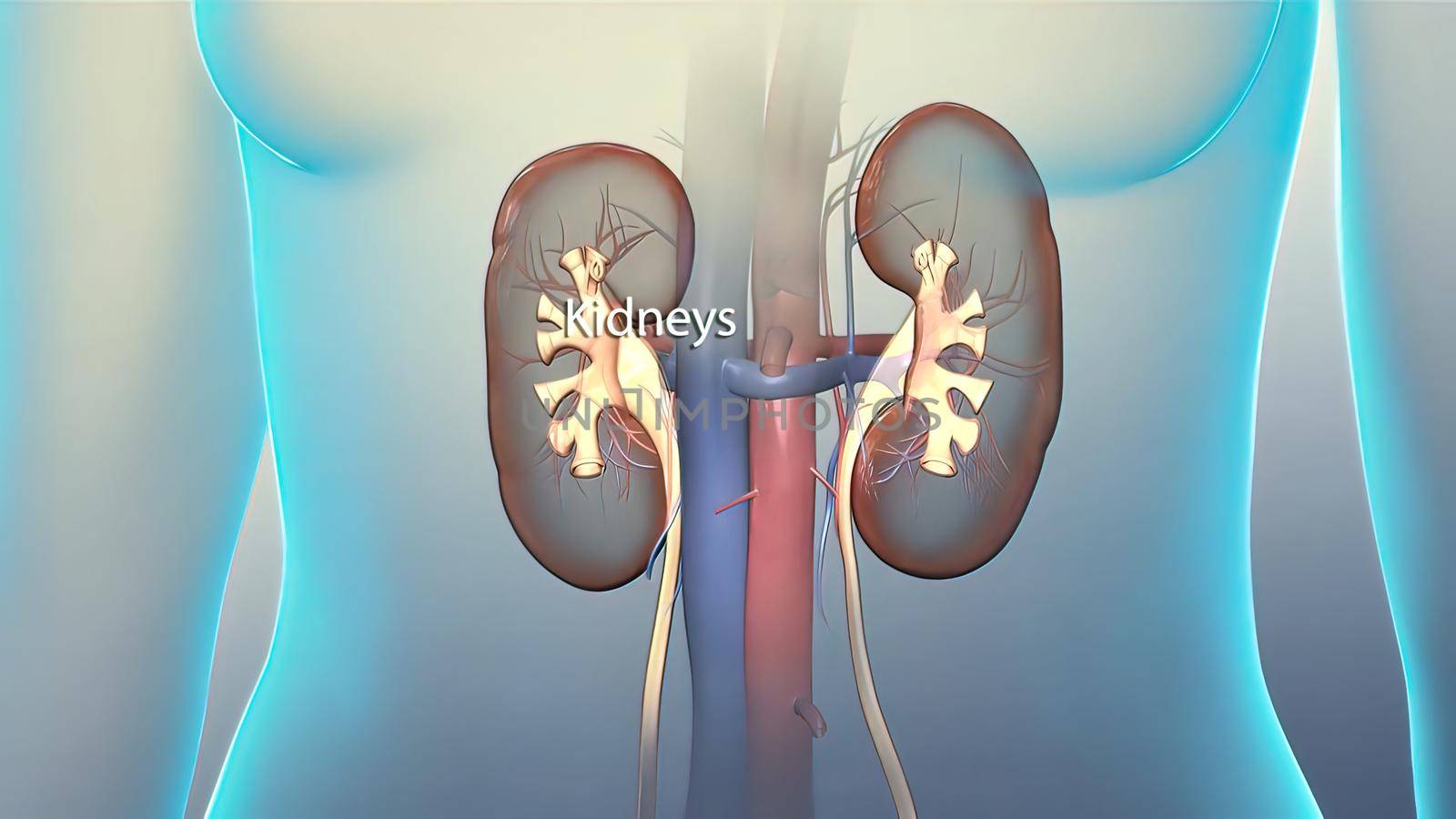The kidneys are two reddish-brown bean-shaped organs found in vertebrates. 3D illustration