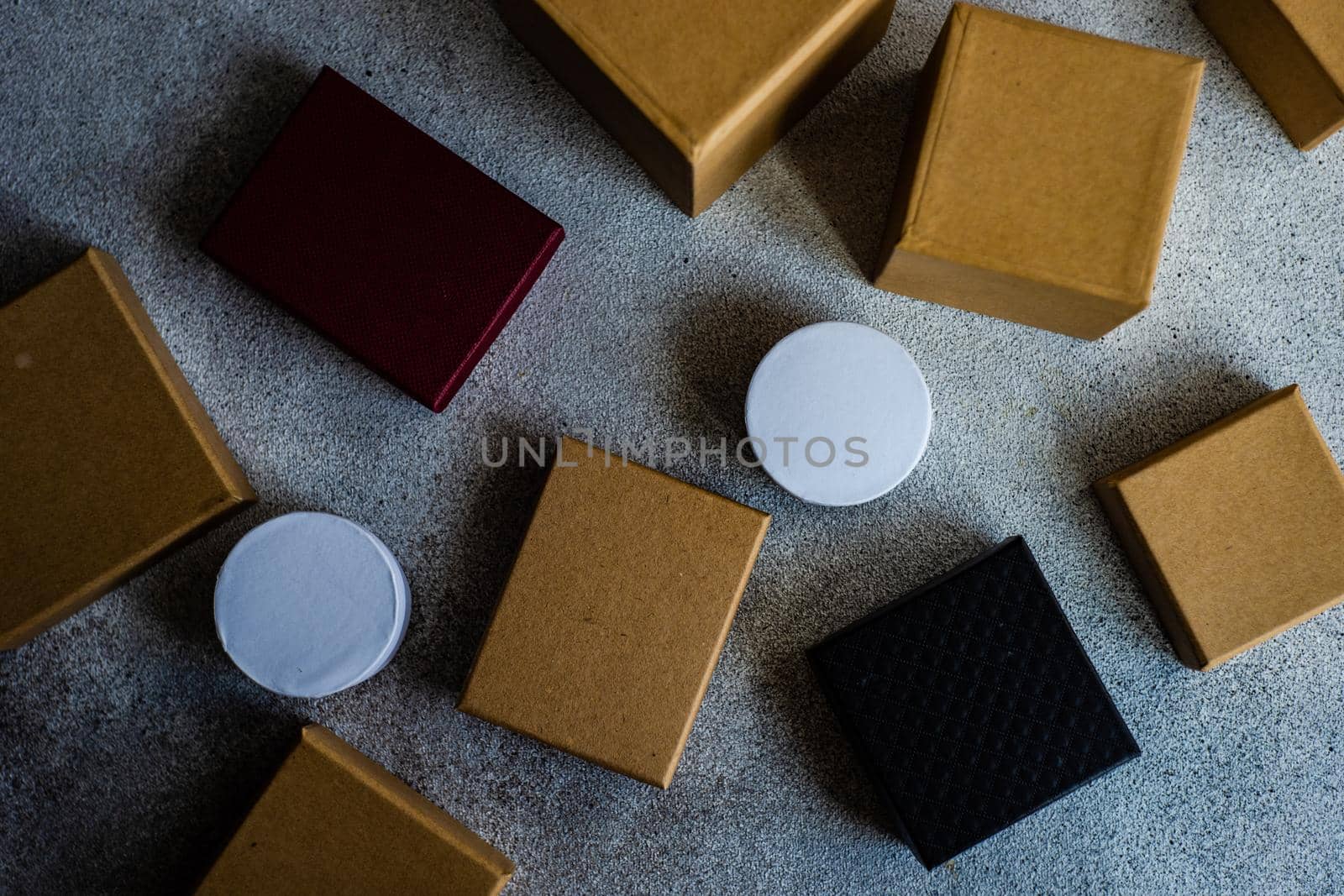 Variety of gift boxes on concrete background