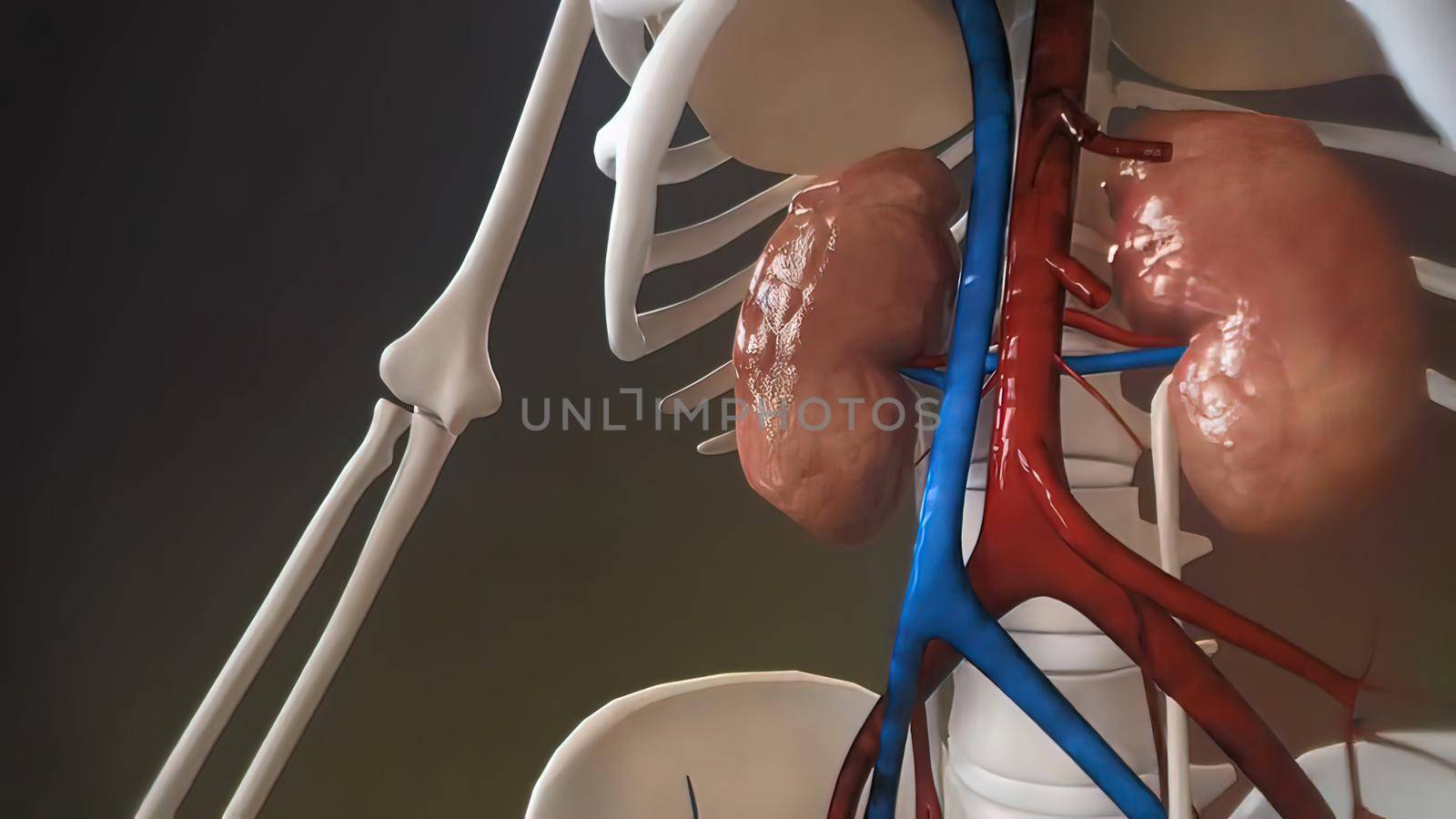 The renal circulation supplies the blood to the kidneys via the renal arteries, left and right, which branch directly from the abdominal aorta. 3D illustration