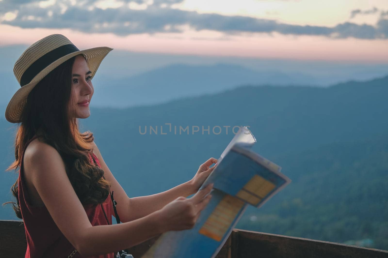 young asian woman traveler tourist with map. journey trip travel concept