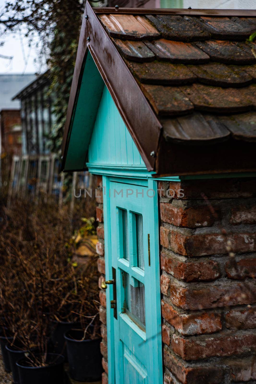 Exterior of traditional wooden houses in rainy day in Tbilisi, capital city of Georgia