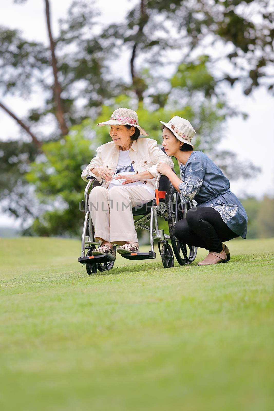 Elderly woman relax on wheelchair in backyard with daughter