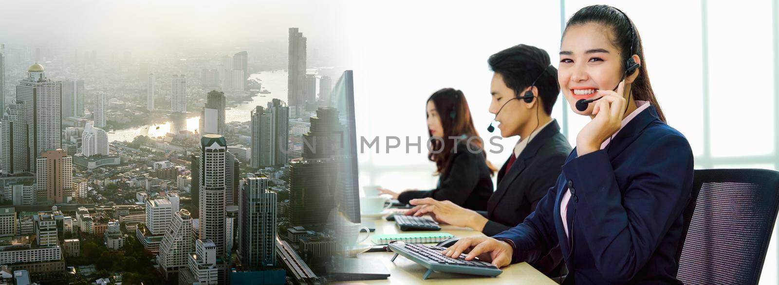 Business people wearing headset working in office in widen view to support remote customer or colleague. Call center, telemarketing, customer support agent provide service on telephone video call.