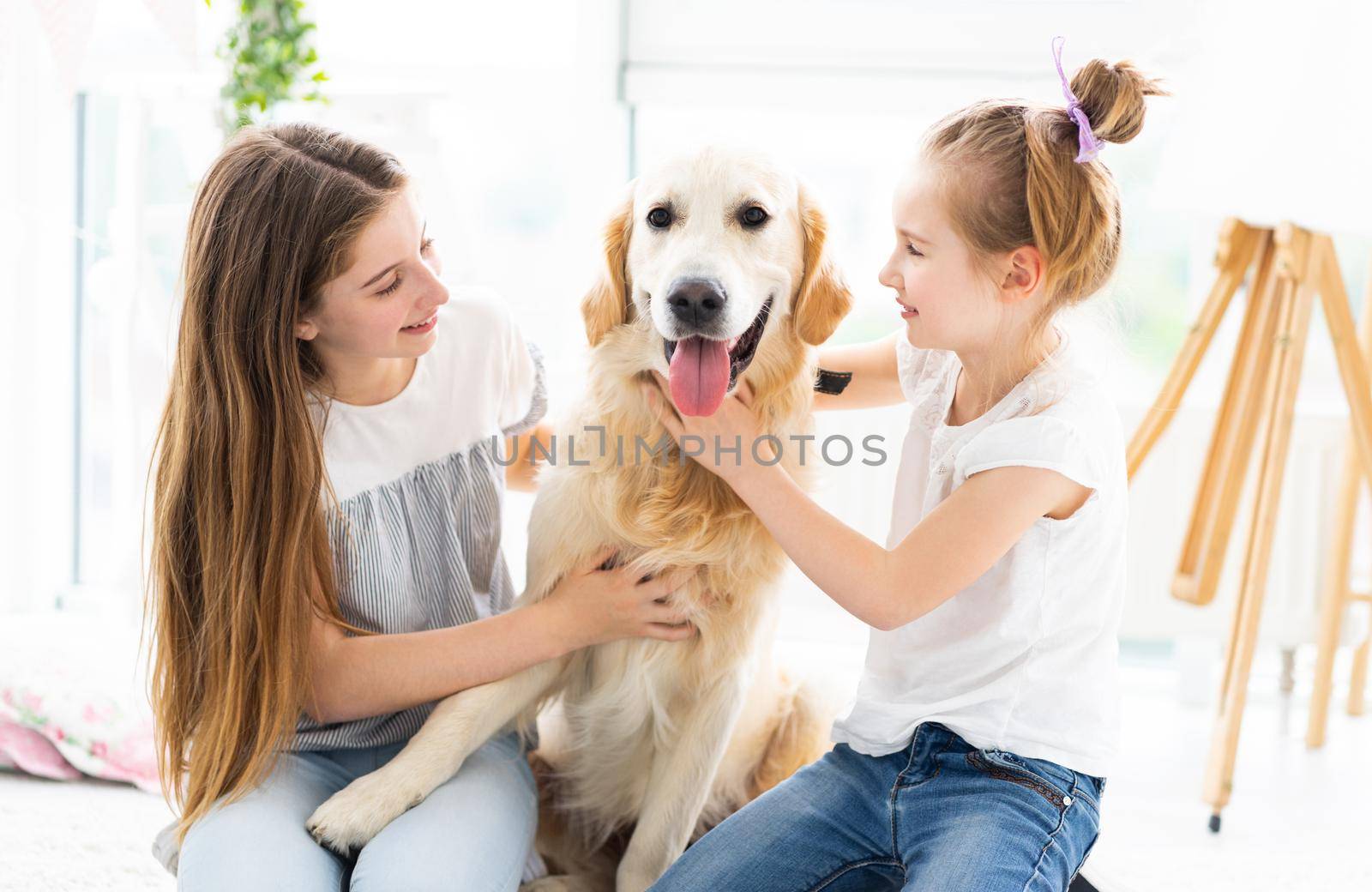 Cute sisters fooling with dog by GekaSkr