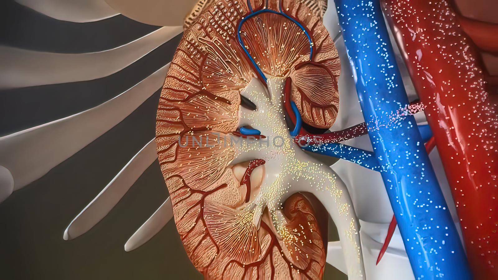 The renal circulation supplies the blood to the kidneys via the renal arteries, left and right, which branch directly from the abdominal aorta. 3D illustration