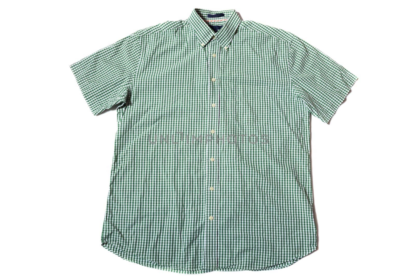 Green Button up short sleeve shirt on white background