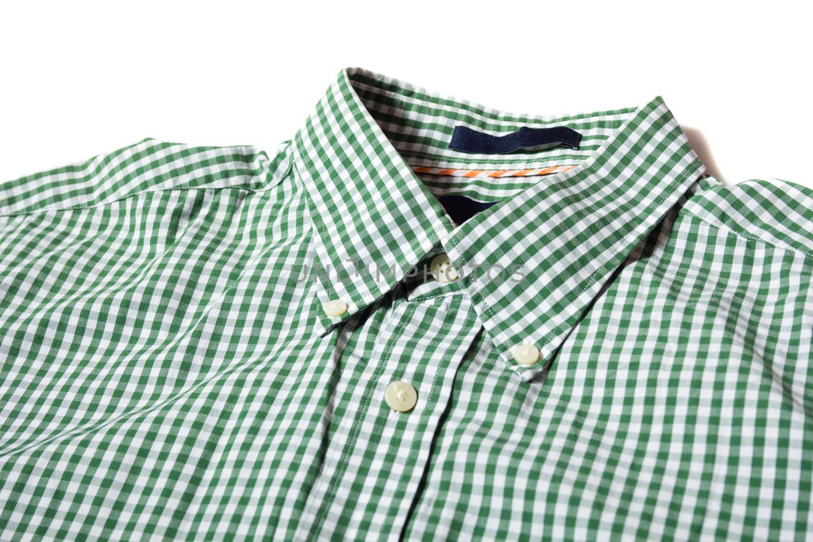 Green men's shirt with button down collar on white background