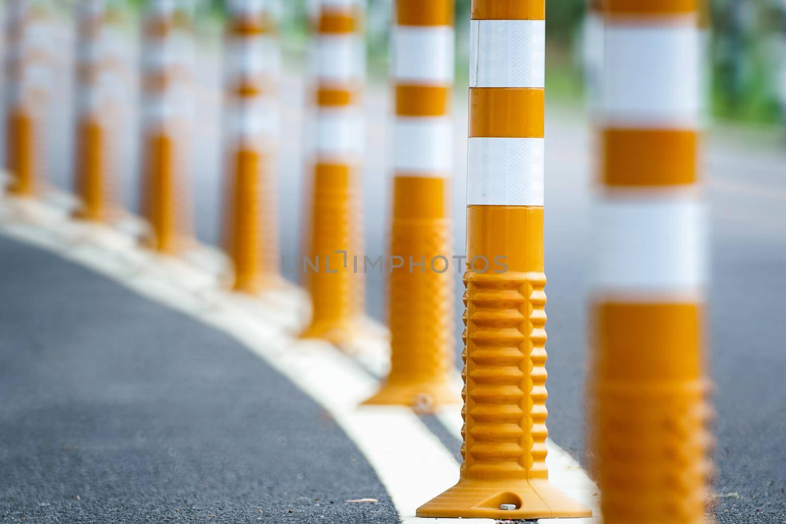 Flexible traffic bollard for bike lane.