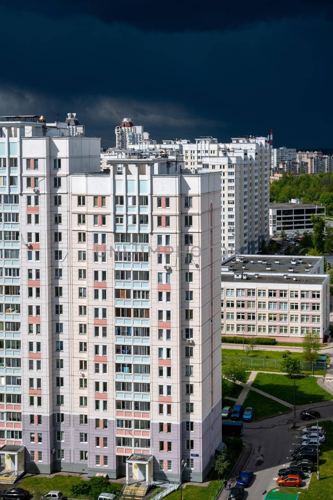 Moscow, Russia - May 29. 2022. Beautiful cityscape of residential area from top by olgavolodina