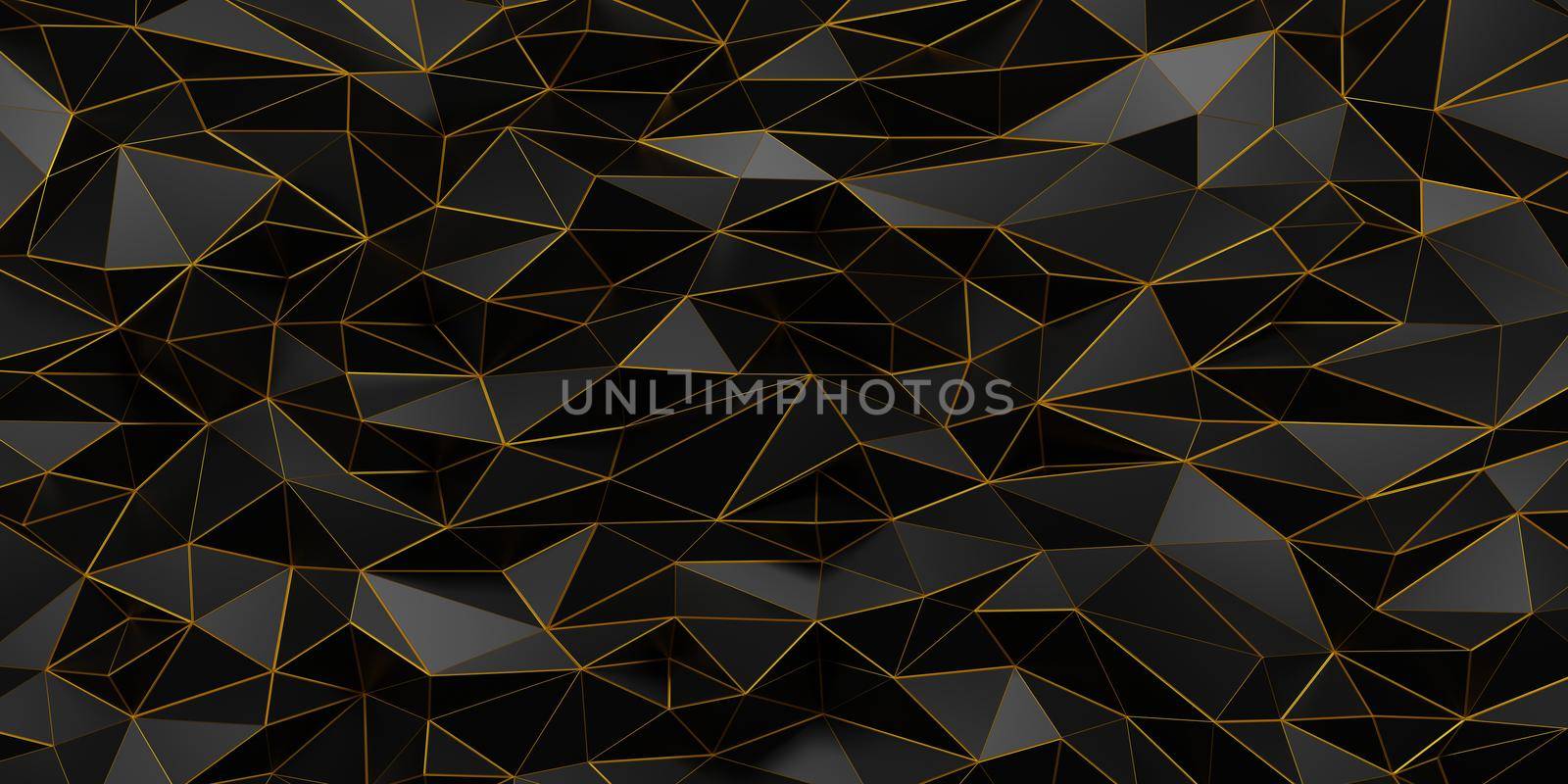 Black geometric with gold metal wireframe wall low poly background 3d render by Myimagine