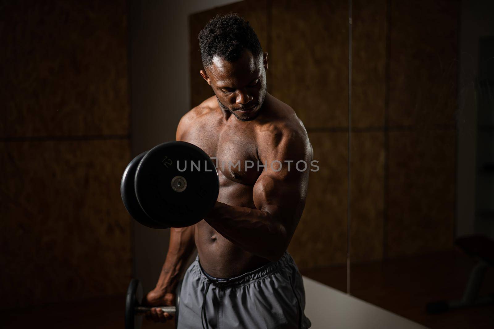 Attractive african american man doing biceps exercise with dumbbells